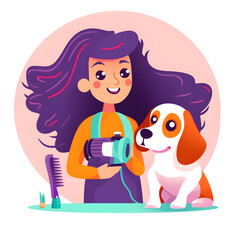 Obraz na płótnie Canvas Groomer blow drying beagle dog illustration, Pet groomer, blow dry dog hair, beagle, brush, comb, hair dry dog hair, girl with a dog