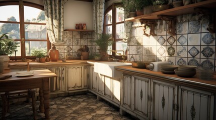 A lavish kitchen featuring a sizable farmhouse sink and a floor adorned with patterned tiles.