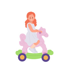 Cute little girl child cartoon character riding rocking horse vector illustration isolated on white