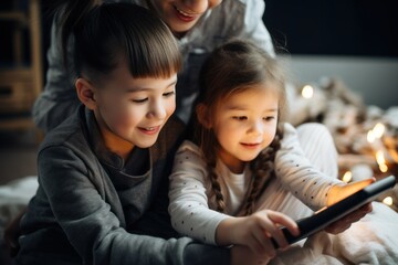 young father and his kids using tablet together at home