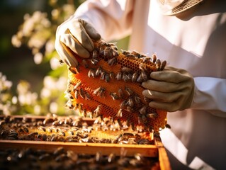beekeeper holding frame with honey comb. selective focus. agriculture industry. production of sweet gold organic product for human consumption. popular garden hobby.