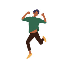 Happy overjoyed young man cartoon character rejoicing achievement and victory jumping in air