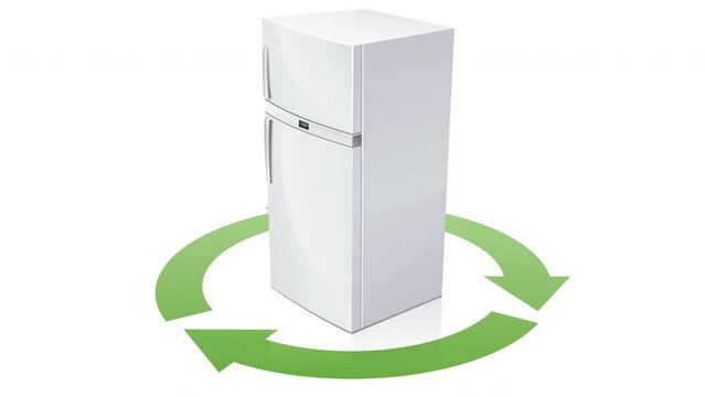 Animation loop of a Refrigerator in the middle of a white background around which the circular symbol of the three green recycling arrows rotates