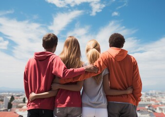 rear view of teenagers hugging under blue sky