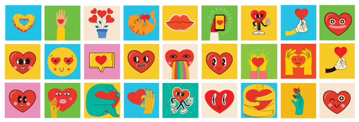 Groovy lovely hearts stickers. Love concept. Happy Valentines day. Funky happy heart character in trendy retro 60s 70s cartoon style. Vector illustration in red colors.