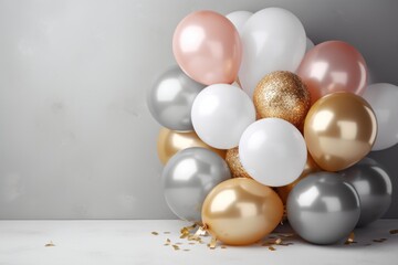 Fototapeta na wymiar Heap of shiny pink white silver and golden balloons