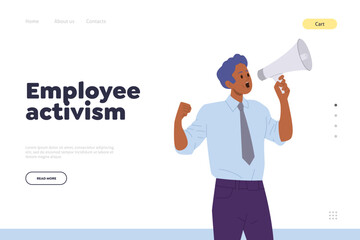Employee activism concept landing page template with angry office worker screaming in megaphone