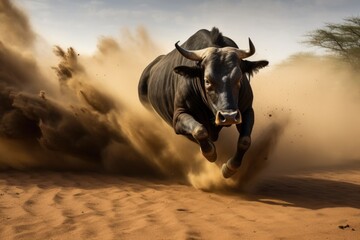 bull charging with a cloud of dust behind - obrazy, fototapety, plakaty