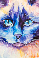 Birman Cat painted in watercolor on a white background in a realistic manner, colorful, rainbow. Ideal for teaching materials, books and nature-themed designs.