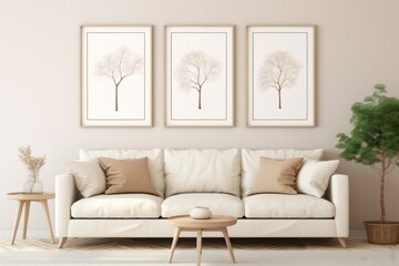 Fototapeta na wymiar Beige sofa in the living room with white wall and three mock up posters