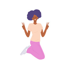Happy woman cartoon character jumping in air feeling positive emotion gesturing peace hand sign
