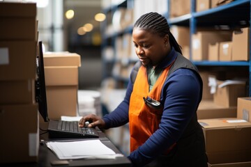 Stockroom supervisor looking at inventory report on computer, working at merchandise quality control in warehouse. African american employee preparing customers orders for shipping in storehouse - obrazy, fototapety, plakaty