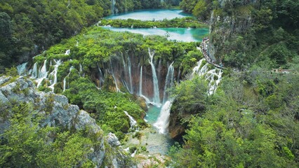 Summer landscape with waterfalls in Plitvice Lakes National Park Croatia. Mountain landscape with...