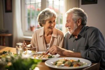 Food, retirement and a senior couple in an assisted living home while eating a meal for nutrition....