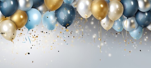 Holiday celebration background with golden silver and blue balloons. Banner