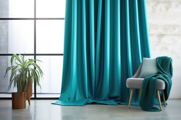 Fototapeta na wymiar teal curtains draped against large window