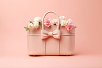 Aesthetic, spring and fashion idea with elegant women's handbag full of flowers. Soft pastel pink colors. Trendy festive composition for celebrations and weddings. Generative AI.