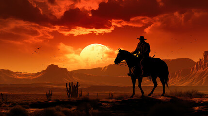 Fototapeta na wymiar Silhouette of Cowboy riding horse at sunset