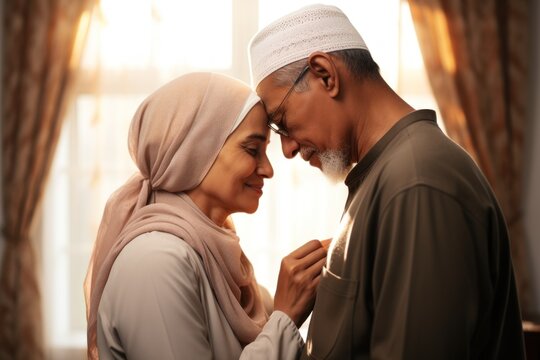 Home, Muslim elderly couple and forehead kiss, music slow dancing and bond for love, trust and care with kindness. Commitment, Islamic and Arab man, woman and senior people together for quality time