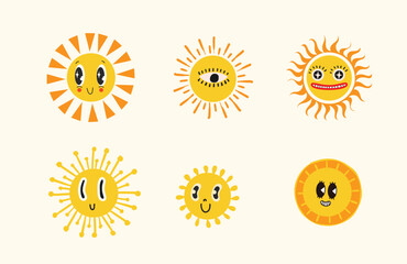 A set of stickers. The sun, logo, smile face, good mood. Brutalism, modern design. The style of the 80s.