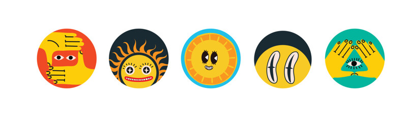 Groovy hippie love round icons set. Comic happy retro faces, geometric stickers, characters in trendy retro 60s 70s cartoon style. Vintage vector illustrations.