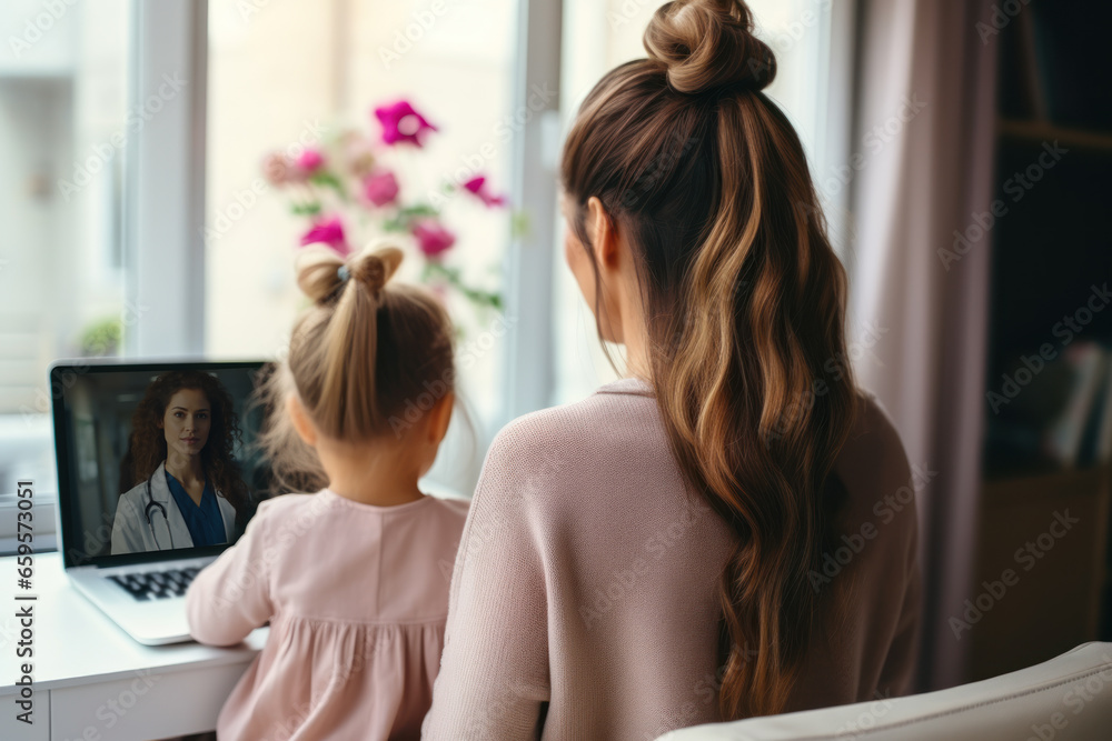 Wall mural Mother and daughter is online conversation with pediatrician