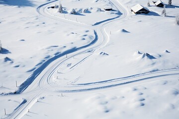 Fototapeta na wymiar aerial view of skiing track on snowy landscape