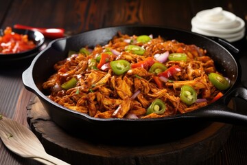 sizzling hot pulled chicken skillet with coating of bourbon bbq sauce