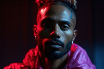 neon light studio close-up portrait handsome black gay man looking camera.