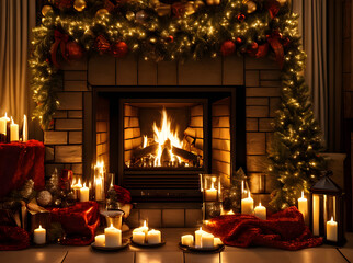 Cozy Christmas fireplace extreme closeup dark cinematic.