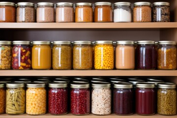rows of assorted canned goods in a clean cupboard
