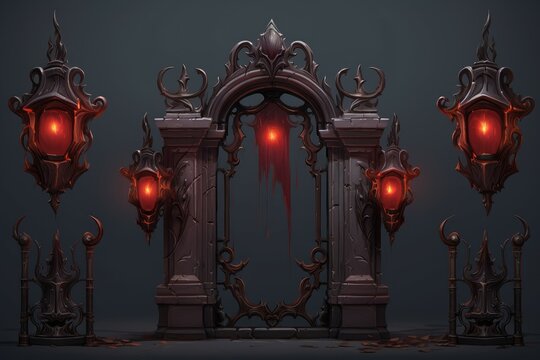 Vampire gate game asset red lights. Wall cover. Generate Ai