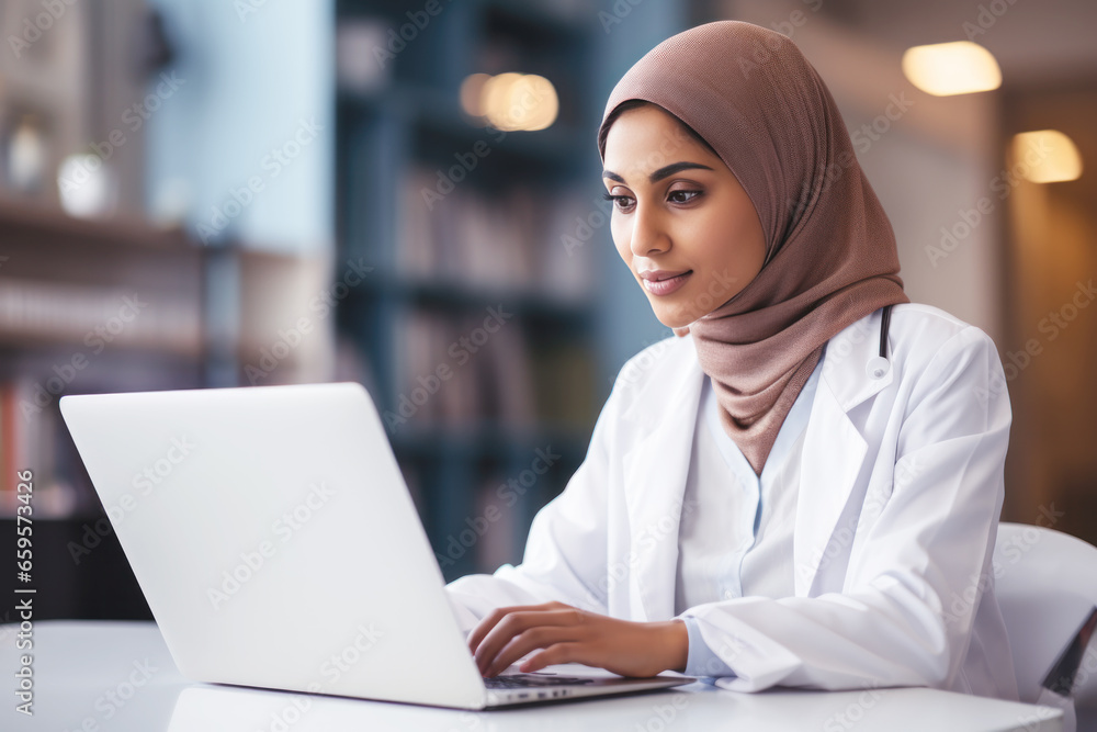 Wall mural Smiling female doctor giving advice to patient via laptop video call