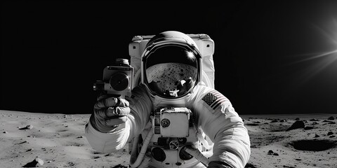 Astronaut on the moon holding camera in hands , concept of Space exploration