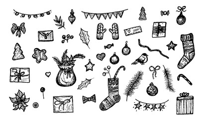Christmas decorations set. Vector elements. Hand-drawn sketch illustration. Christmas collection. Garlands, gift boxes, socks, mittens.