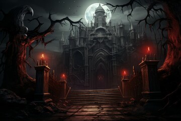 Vampire gate castle with red lights. Stones palace. Generate Ai - obrazy, fototapety, plakaty