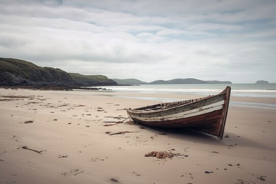 a rickety old boat on a deserted beach