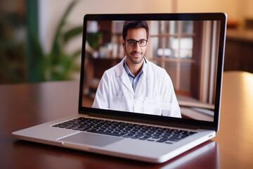 The laptop screen displays a doctor giving advice to a patient - obrazy, fototapety, plakaty