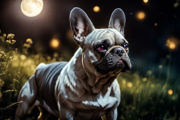 Portrait of a French bulldog looking away, nighttime.