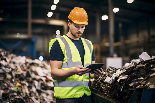 Worker at a recycling plant using tablet - Powered by Adobe