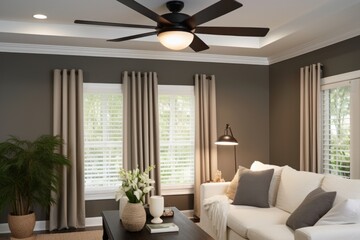 modern ceiling fan with lights in a newly painted living room