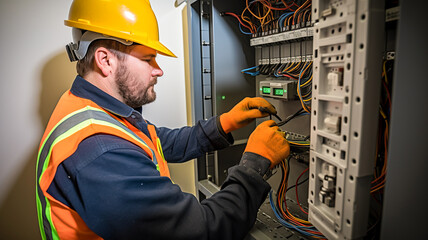 A male electrician works in a switchboard with an electrical connecting cable. Construction industry, electrical system. 
