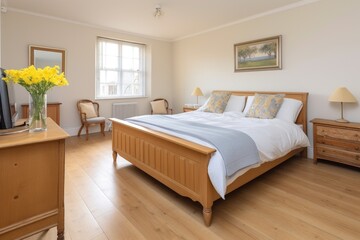 master bedroom with large double bed, cot bed and reading corner
