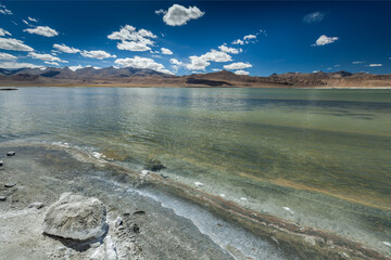 Tso Kar - fluctuating salt lake in Himalayas. Rapshu, Ladakh, Jammu and Kashmir, India