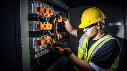 Electrician man installing a electric switchboard system. Construction industry, electrical system. 
 - obrazy, fototapety, plakaty