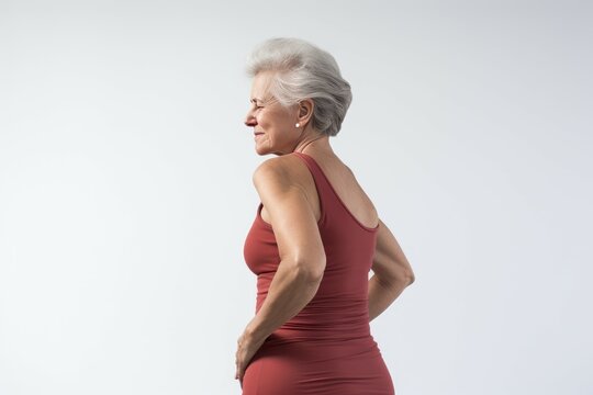 Woman senior backache on wall background. Women cramp. Generate Ai