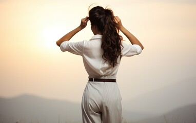 White Background. Happy woman standing with her back