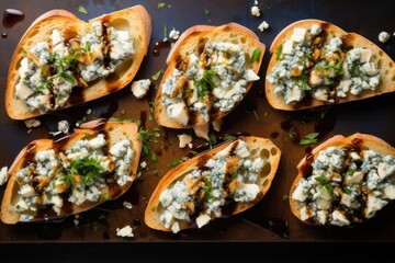 panoramic shot of spread-out blue cheese bruschetta pieces