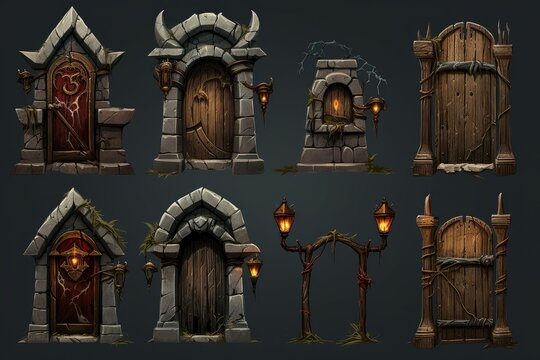 Vampire gate game asset with wooden door. Wall cover. Generate Ai