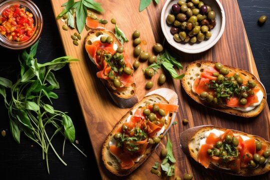 overhead shot of bruschetta with capers and olives